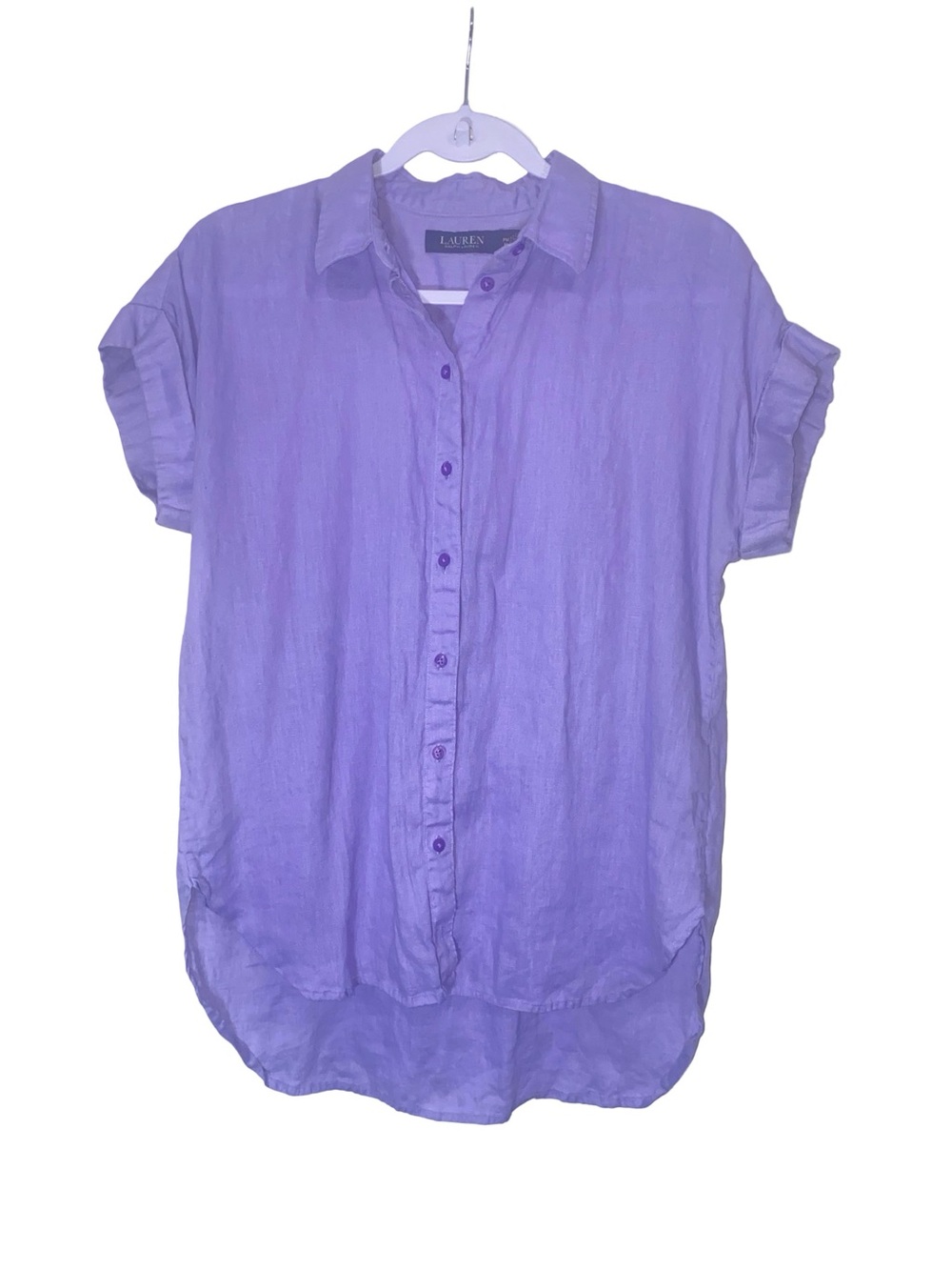Lauren Ralph Lauren Purple Linen Short Sleeve Button Down Shirt Petite Medium - Picture 2 of 6
